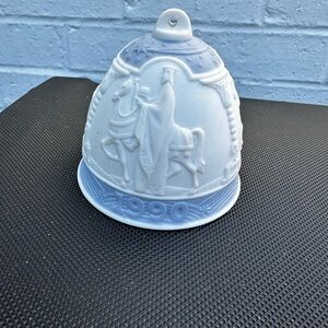 Vintage 1990 Lladro Porcelain Christmas Bell Ornament - White with Blue Accents